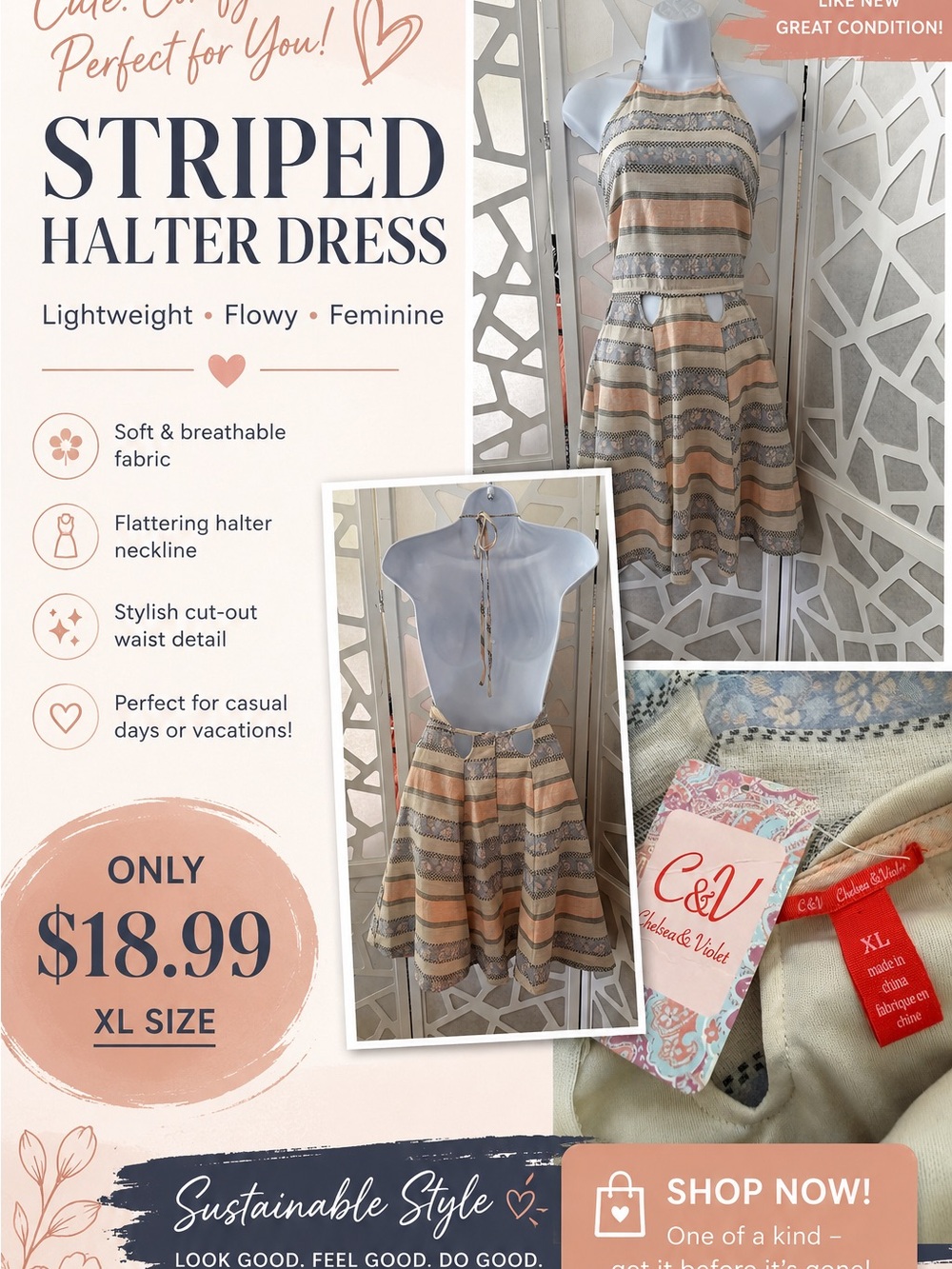 Chelsea & Violet Striped Halter Dress in Peach & Gray
